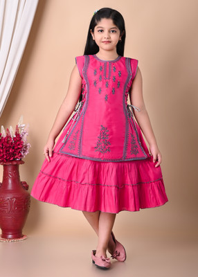 j.n.s rozina Indi Girls Below Knee Festive/Wedding Dress(Pink, Sleeveless)
