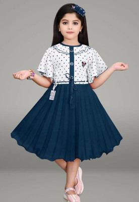 SM MUNIF DRESSES Girls Below Knee Casual Dress(Dark Blue, White, Half Sleeve)