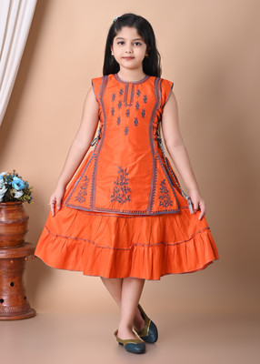 j.n.s rozina Indi Girls Below Knee Festive/Wedding Dress(Pink, Sleeveless)