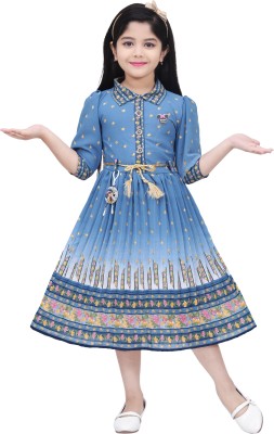 Rim Mumbai Girls Midi/Knee Length Casual Dress(Blue, 3/4 Sleeve)