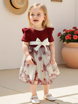 VERAENTERPRISE Girls Midi/Knee Length Casual Dress(Red, Half Sleeve)
