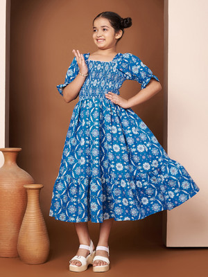 ZWERLON Indi Girls Midi/Knee Length Casual Dress(Blue, Half Sleeve)