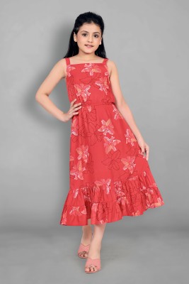 Fashion Dream Girls Calf Length Casual Dress(Red, Sleeveless)