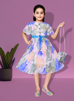 LUCKY FASHION WORLD Indi Girls Calf Length Casual Dress(Blue, Short Sleeve)