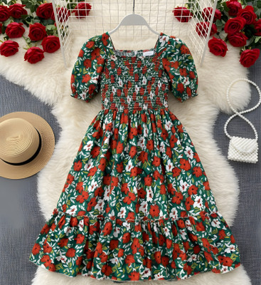 Deklook Girls Calf Length Party Dress(Green, Short Sleeve)