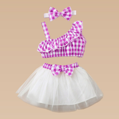 Miss & Chief Girls Above Knee Party Dress(Purple, White, Sleeveless)