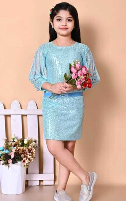 samrinfashion Baby Girls Calf Length Party Dress(Blue, 3/4 Sleeve)
