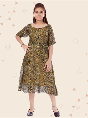 Kidotsav Indi Girls Below Knee Party Dress(Yellow, Half Sleeve)