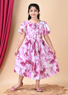 JANAM ENTERPRISE Girls Midi/Knee Length Casual Dress(Pink, Short Sleeve)