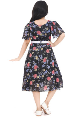 HouseOfCommon Indi Girls Midi/Knee Length Casual Dress(Black, Short Sleeve)
