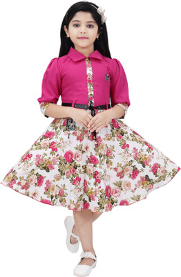 Samshil Fashion Girls Below Knee Casual Dress(Pink, 3/4 Sleeve)