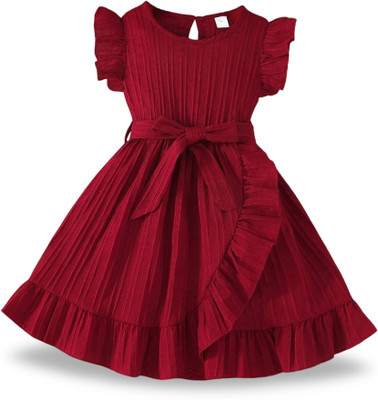 NEXZENS Indi Girls Midi/Knee Length Party Dress(Maroon, Short Sleeve)