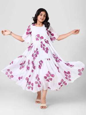 HouseOfCommon Girls Maxi/Full Length Casual Dress(White, 3/4 Sleeve)