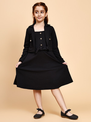Lazy Shark Girls Midi/Knee Length Casual Dress(Black, Full Sleeve)