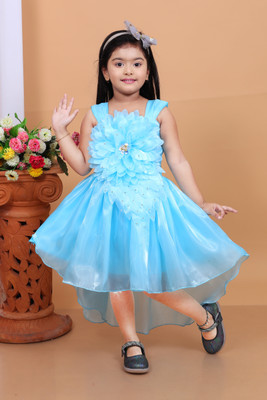 PN fashion Girls Below Knee Festive/Wedding Dress(Light Blue, Sleeveless)