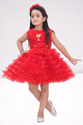 S KAY FASHION Indi Girls Midi/Knee Length Party Dress(Red, Sleeveless)