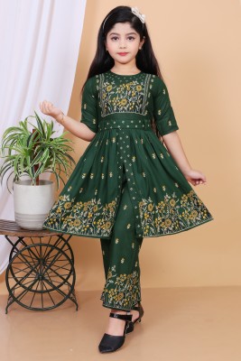 LINKKART FASHION Girls Maxi/Full Length Festive/Wedding Dress(Dark Green, 3/4 Sleeve)