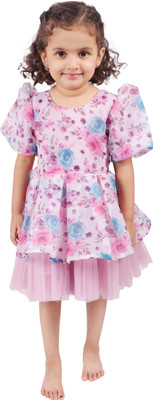 aarom Girls Midi/Knee Length Casual Dress(Purple, Short Sleeve)