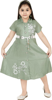 BRDRESS Girls Midi/Knee Length Casual Dress(Dark Green, Short Sleeve)