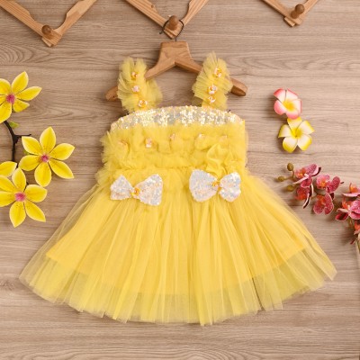 Maheera Fashion Baby Girls Midi/Knee Length Festive/Wedding Dress(Yellow, Sleeveless)