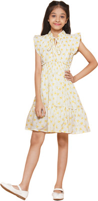 Jakanary Girls Above Knee Casual Dress(White, Short Sleeve)
