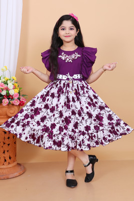 NAIMUDDIN DRESSES Girls Below Knee Party Dress(Purple, White, Fashion Sleeve)