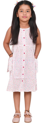 Megha Overseas Girls Calf Length Casual Dress(Red, Sleeveless)