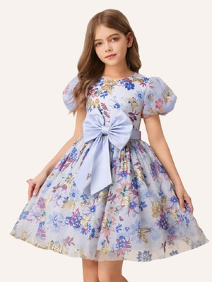 VARDA CREATION Girls Midi/Knee Length Casual Dress(Blue, Short Sleeve)