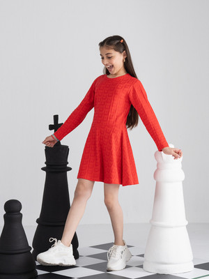 Spunkies Indi Girls Above Knee Casual Dress(Red, Full Sleeve)