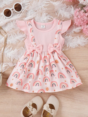 PATALAM Indi Girls Midi/Knee Length Casual Dress(Pink, Short Sleeve)