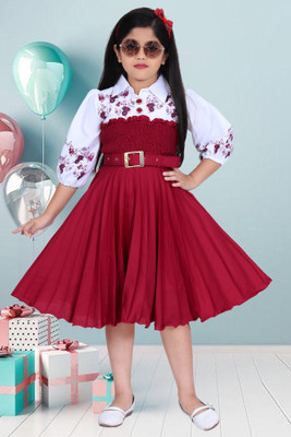 Unique Creation Indi Girls Midi/Knee Length Party Dress(Maroon, 3/4 Sleeve)