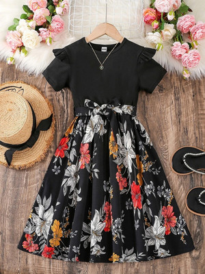 Style Connect Collection Girls Midi/Knee Length Party Dress(Black, Short Sleeve)