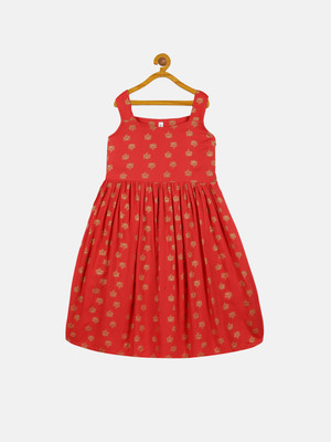 KiddoPanti Girls Midi/Knee Length Casual Dress(Red, Sleeveless)