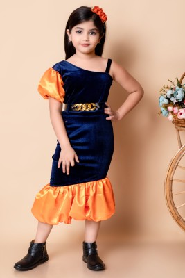 SPAMitude Indi Girls Below Knee Party Dress(Orange, Fashion Sleeve)