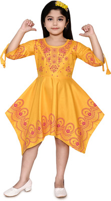 ZOMZOM FASHION Girls Midi/Knee Length Party Dress(Yellow, 3/4 Sleeve)