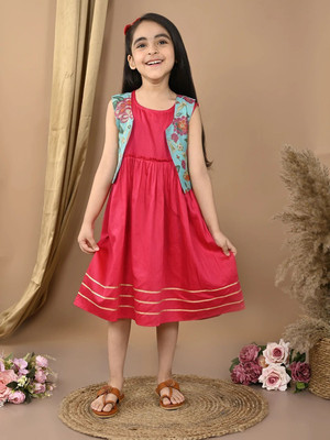 Sangria Girls Midi/Knee Length Festive/Wedding Dress(Red, Sleeveless)