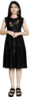 silkfactory Girls Midi/Knee Length Casual Dress(Black, Short Sleeve)
