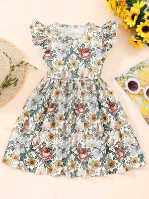 PRIYAL DESIGENER Girls Midi/Knee Length Casual Dress(Multicolor, Cap Sleeve)