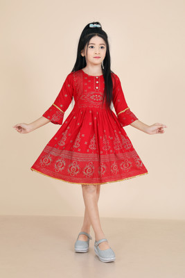 MIRAZ COLLECTION Indi Baby Girls Below Knee Festive/Wedding Dress(Red, 3/4 Sleeve)