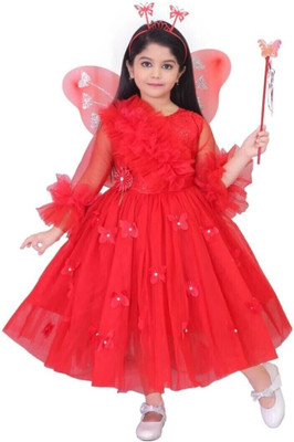 aruna creation Girls Midi/Knee Length Party Dress(Red, 3/4 Sleeve)