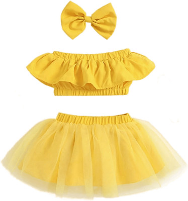 Myli Fashion Girls Midi/Knee Length Casual Dress(Yellow, Short Sleeve)