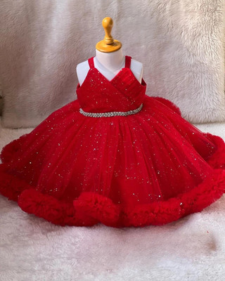 TAILORWOMEN Baby Girls Below Knee Festive/Wedding Dress(Red, Sleeveless)