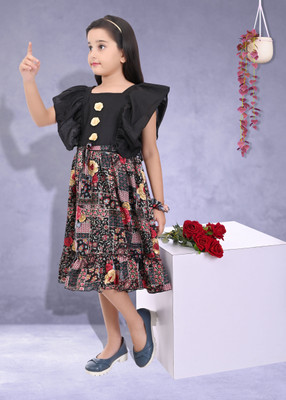 CHANDRIKA LIFESTYLE Girls Below Knee Casual Dress(Black, Cap Sleeve)