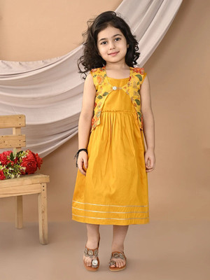 Sangria Girls Midi/Knee Length Festive/Wedding Dress(Yellow, Sleeveless)