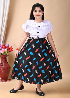 A M ENTERPRISE Girls Calf Length Casual Dress(Black, White, Short Sleeve)