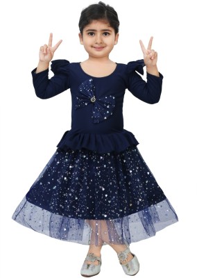NAINUR SALMA DRESSES Girls Calf Length Party Dress(Blue, Full Sleeve)