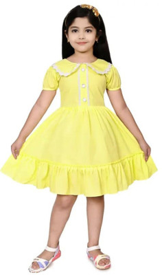 SAFASIJA Girls Midi/Knee Length Casual Dress(Yellow, Short Sleeve)