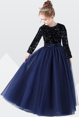 VAANI ENTERPRISE Girls Maxi/Full Length Party Dress(Dark Blue, Full Sleeve)