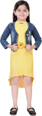 HUNNY BUNNY Indi Girls Above Knee Casual Dress(Yellow, 3/4 Sleeve)