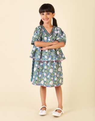 Fabindia Indi Girls Midi/Knee Length Casual Dress(Blue, Short Sleeve)